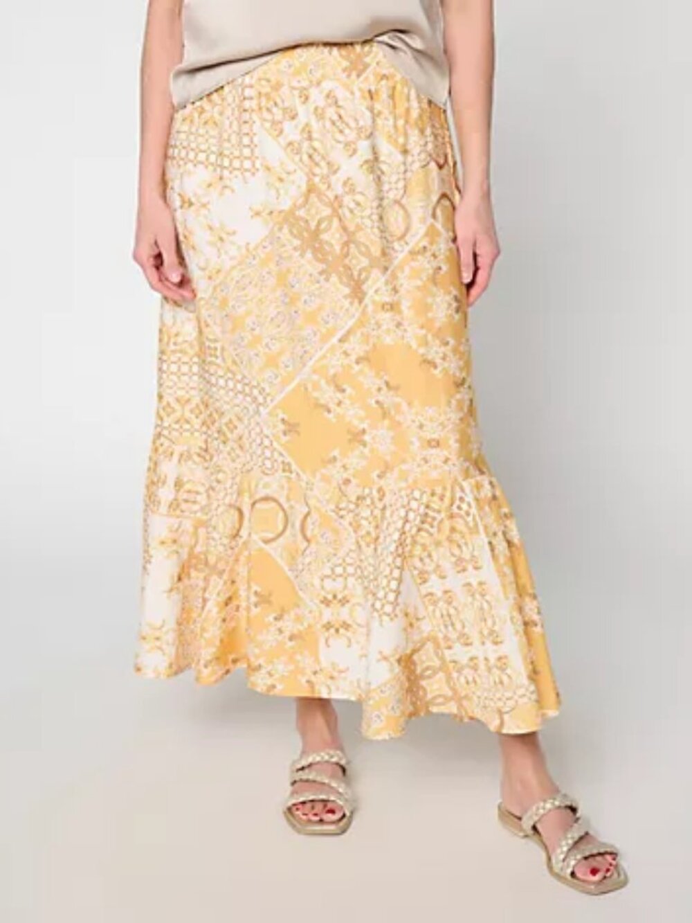 Susan Graver REG Printed Dolce Woven Skirt with Smocked Waist, lemon Sz L a72497